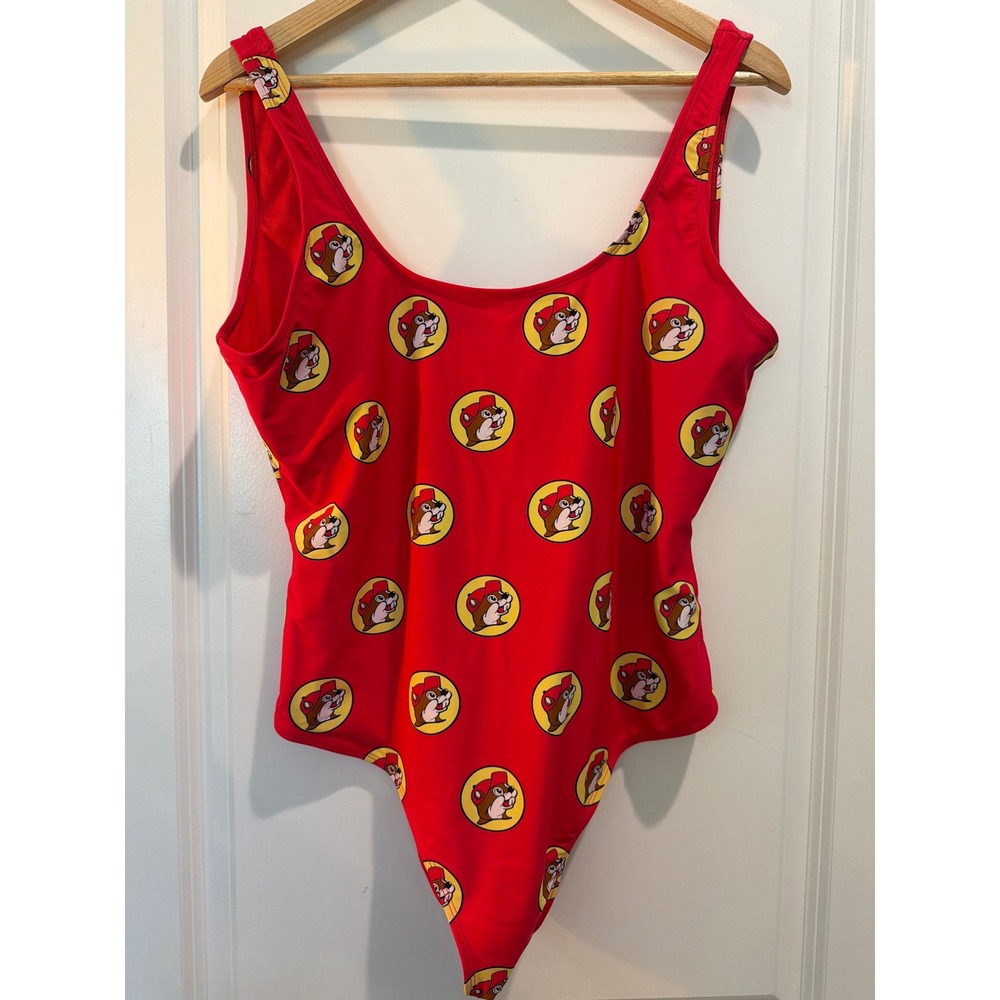 Buc-ee's Women Red Logo All Over Print One Piece Swimsuit Size Large Scoop Back